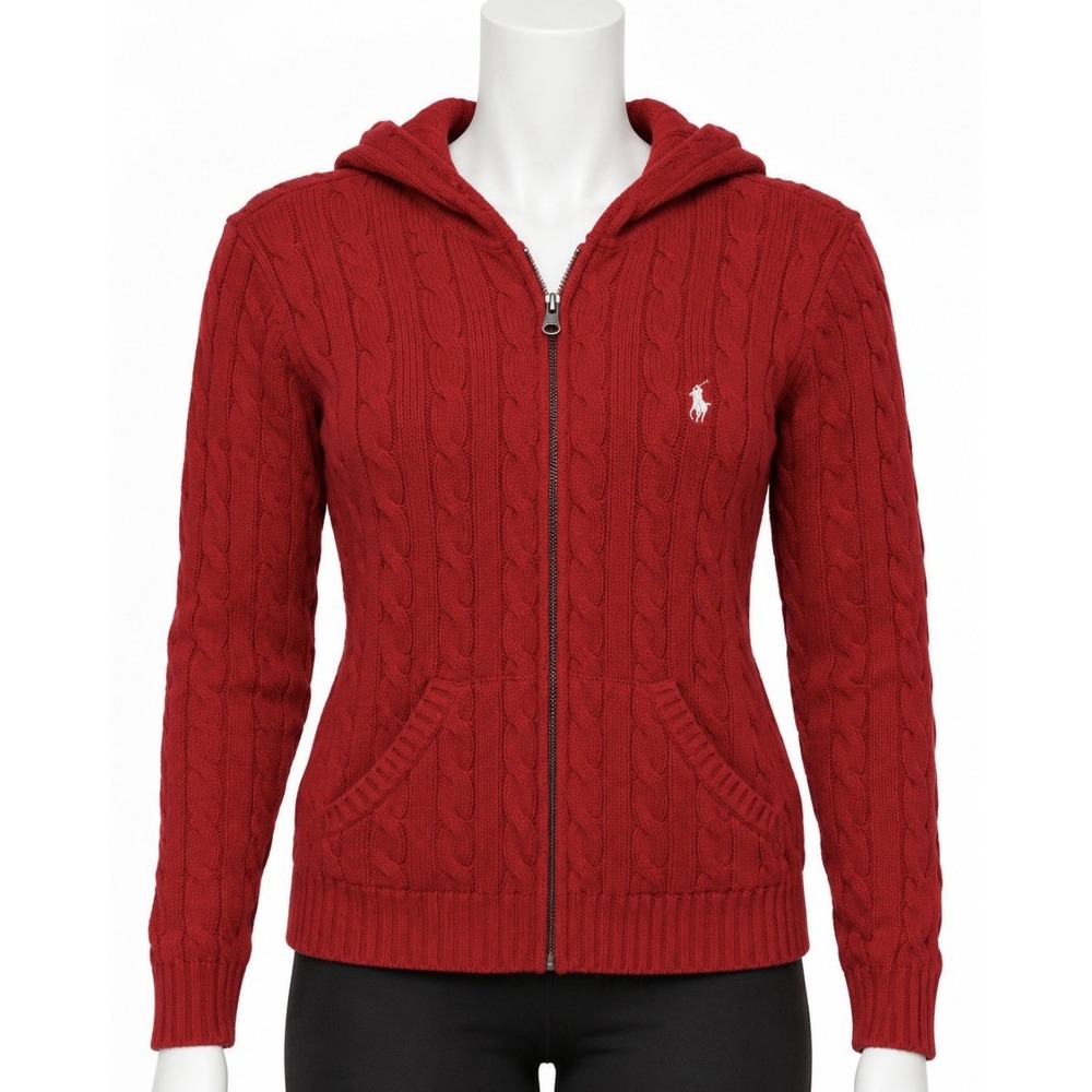 RALPH LAUREN POLO Women's Cable Knit Sweater Hoodie Jacket Deep Red Small S
